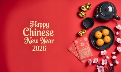 Happy chinese new year 2026 greeting with traditional elements like tangerines, gold ingots, tea set, and red envelopes on a red background