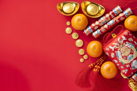 Chinese new year flat lay with tangerines, gold ingots, firecrackers, and a lucky bag on a red background, symbolizing wealth and good fortune