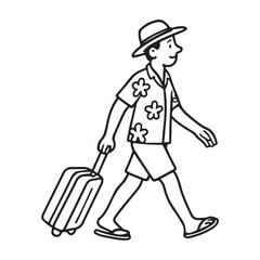 Man wearing summer clothes pulls luggage for a relaxing tropical vacation getaway, ready for adventure and sunshine with island vibes on white
