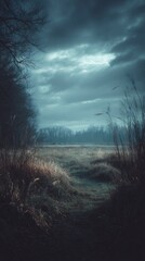 Fototapeta premium A moody, softly-focused landscape photograph depicts a misty, overcast day. Tall grasses and bare trees frame a flat, muted-toned field extending to a distant