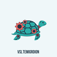 Illustration of a turtle with gears on its shell, VSLTEMIGRDIION text.