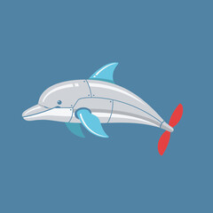 Cartoon illustration of a robotic dolphin with a propeller tail.