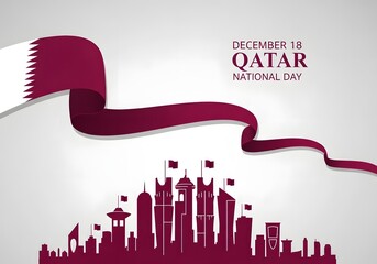 Stylized qatar national day graphic featuring a flowing flag ribbon over a silhouette of the doha skyline
