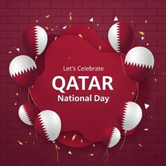 Qatar national day celebration with balloons and confetti on a brick background