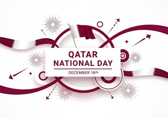 Qatar national day december 18th with flag, ribbons, and abstract shapes on white background