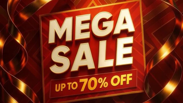 Mega sale promotion with up to seventy percent discount featuring red and gold luxury ribbon design, festive glowing effects, and vibrant marketing banner for exciting promotional event