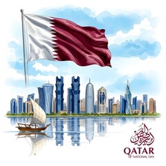 Watercolor illustration of qatar national day with a sailing dhow and cityscape reflected in the water
