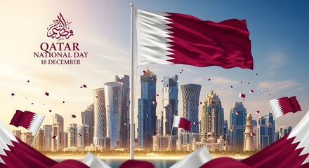 Qatar national day celebration with the flag of qatar waving amidst skyscrapers and confetti