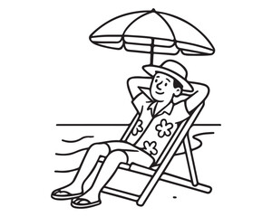 Relaxing beach vacation escape with smiling man enjoying downtime in chair under umbrella, a perfect summer getaway, line art style illustration