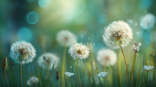 Close Up Of Dandelion Flowers In A Meadow With Green Grass And Bokeh Background