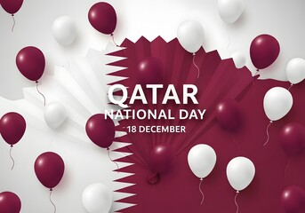 Qatar national day celebration with maroon and white balloons and the qatar flag on december 18th