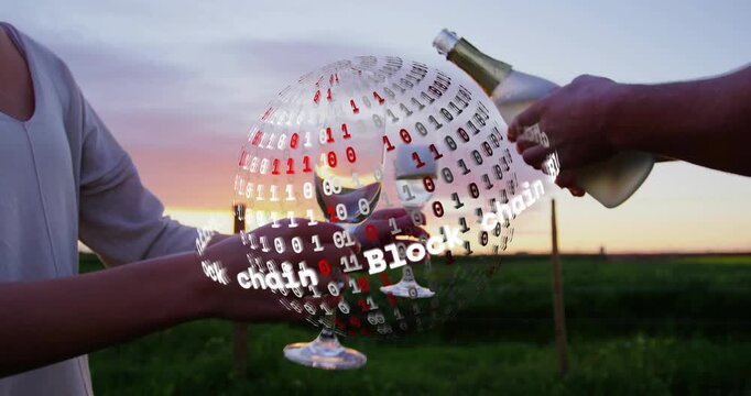 Man tilting bottle, pouring into woman's glass, blockchain binary orbiting glasses, toasting