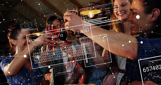 Five friends raising glasses and toasting, HUD graphics shifting across faces in bar