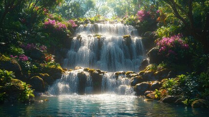 Serene waterfall cascading into a tranquil pool, surrounded by lush tropical foliage and vibrant flowers under sunlit canopy.