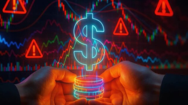 Financial risk concept showing glowing dollar and digital currency with hands protecting investment, colorful stock market chart, warning signs, caution on market volatility and technology impact - Powered by Adobe