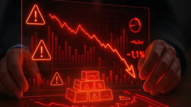 Financial crisis warning with red glowing alert signs, declining holographic graph showing economic risk and market downturn, hands protecting virtual gold bars symbolizing financial decline and risk