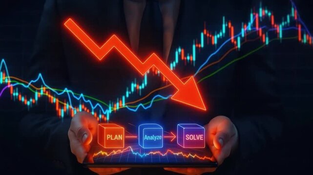 Business decline with glowing red arrow pointing downwards, digital cubes labeled plan analyze solve, financial chart data analysis technology showing strategic problem solving process and business - Powered by Adobe