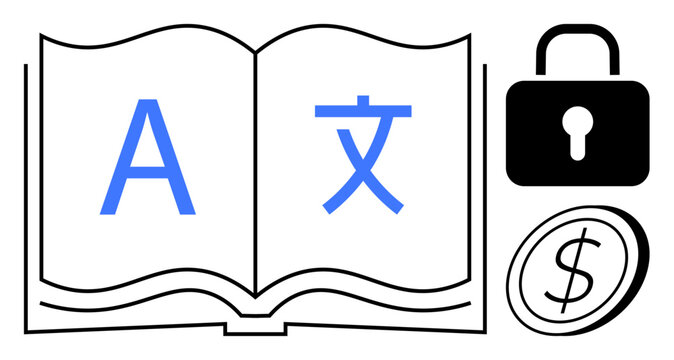 Open book with multilingual characters, lock icon, and dollar coin. Ideal for translation, language accessibility, secure information, cost analysis, education, global business simple flat metaphor