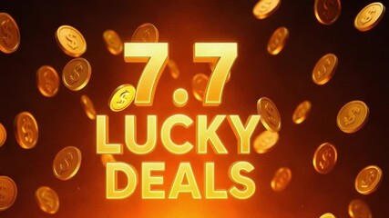 Lucky deals promotion with golden coins falling around bright glowing text dark background vibrant sale concept featuring shiny currency tokens and dynamic festive atmosphere with vibrant glowing