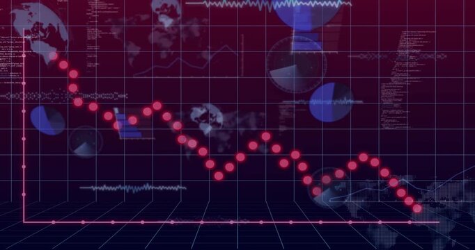 Magenta grid appearing, red nodes forming descending dotted trend across grid, visualizing decline