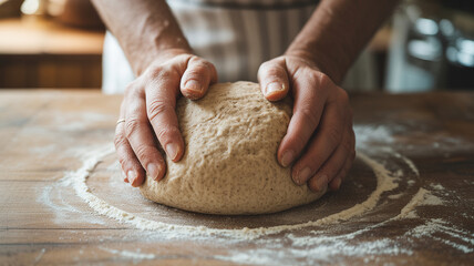 Nahaufnahme: H&auml;nde kneten Brotteig auf Holz