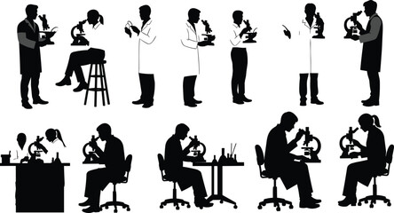 Microscope, scientist, laboratory, silhouette, research, science, education, analysis, biology, chemistry, teamwork, experiment, medical, healthcare, technology, observation, academic, innovation, 