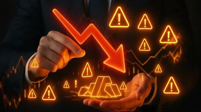 Declining financial market with glowing red arrow pointing down and warning signs above gold bars held in hands symbolizing economic risk investment loss and market decline impact on economy