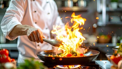 Chef cooking with flames in a pan in a professional kitchen with fresh ingredients