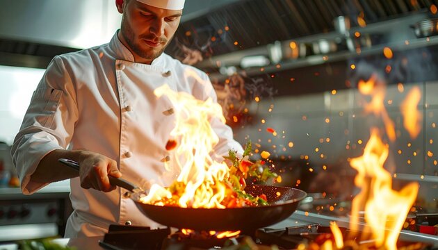 Chef in Action Cooking with Fire in a Professional Kitchen