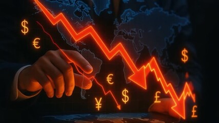 Financial decline and economic downturn illustrated with glowing red downward arrow, falling currency symbols over global market, business investment loss impacting finance and economy trends - Powered by Adobe