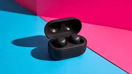 Wireless personal audio devices sit open in a contrasting background of vibrant blue and magenta colors