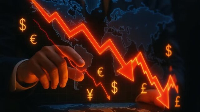 Financial decline and economic downturn illustrated with glowing red downward arrow, falling currency symbols over global market, business investment loss impacting finance and economy trends