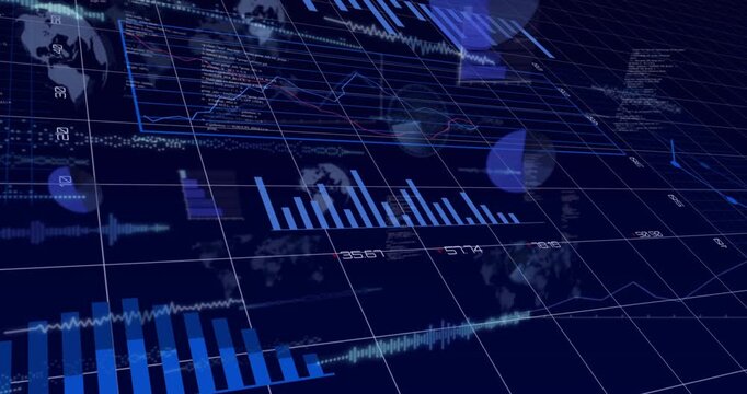 Camera panning and tilting, revealing 3D analytics dashboard, charts animating to show live trends