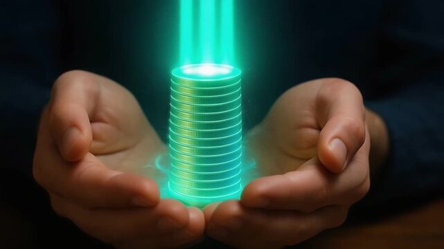 Stack of glowing coins hands holding digital currency with neon light beams, symbolizing futuristic finance technology, digital economy, wealth protection, and secure investment in modern economy