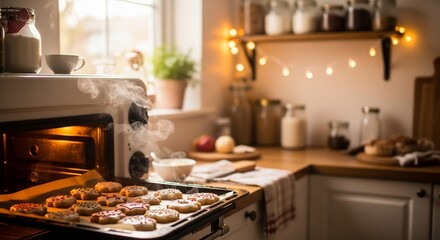 Fototapeta premium Warm Kitchen Scene with Freshly Baked Cookies in Oven.