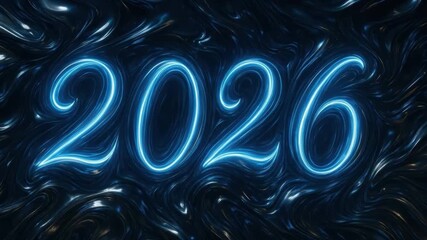 Glowing blue neon number 2026 with futuristic digital light effects on dark abstract swirling background, vibrant neon swirl creating dynamic glowing light for technology celebration - Powered by Adobe