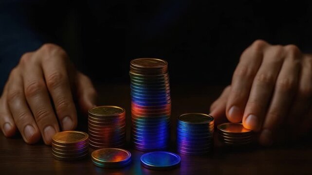 Stacked coin tower with colorful light reflection on dark wooden surface, human hand placing currency coins symbolizing finance, investment, and saving growth close up