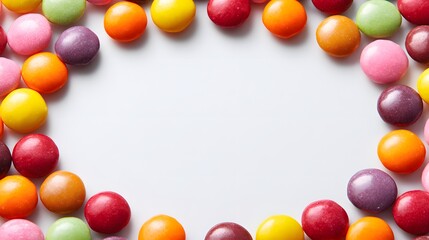 Colorful round confectioneries form a border around a bright white background space