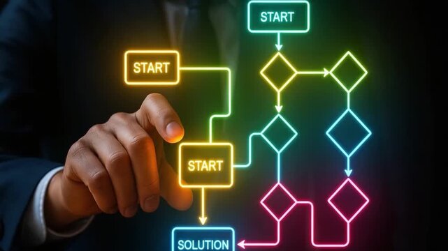 Business flowchart diagram showcasing decision making and solution strategy in technology management process planning with digital innovation and problem solving visualization