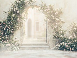 Romantic Entrance with Roses and a Stone Archway Leading to Serenity