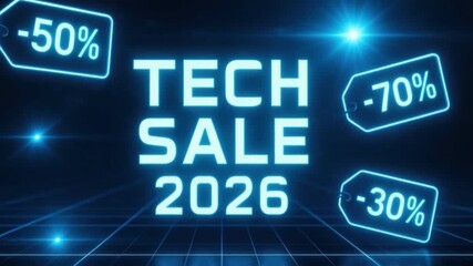 Tech sale 2026 featuring futuristic neon glowing discount tags showing 50, 70, and 30 percent off in blue light on digital grid background, technology promotion with exciting sale and discount offers - Powered by Adobe
