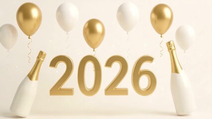 New year 2026 celebration with gold and white balloons, champagne bottles, large golden numbers, festive luxury party decoration, elegant design full of joy and anticipation sparkling festive setting - Powered by Adobe
