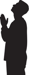 Silhouette of a man praying or worshipping, looking upwards with clasped hands, symbolizing faith, devotion, and hope, isolated on white background.