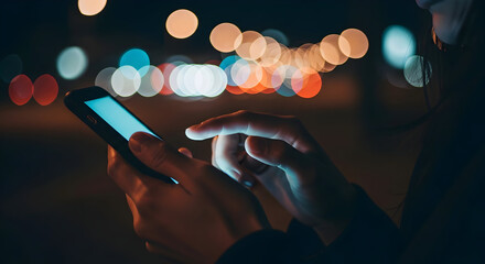 Close-up of hands using a smartphone at night with bokeh lights in the background.