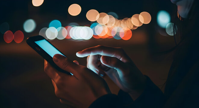 Close-up of hands using a smartphone at night with bokeh lights in the background.