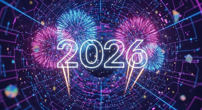 Neon year two thousand twenty six with fireworks on a blue digital circuit background design