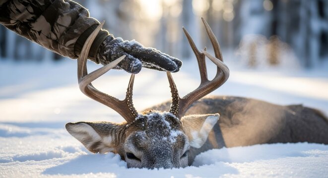 Hunter hand touching antler of harvested buck deer in winter snow. Hunting season trophy concept.