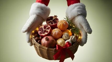 Festive winter fruit basket with pomegranates, tangerines, and nuts held in cozy mittens, holiday gifting.