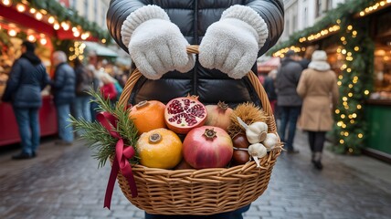 Festive winter market harvest basket with pomegranates, oranges, and seasonal produce, cozy atmosphere