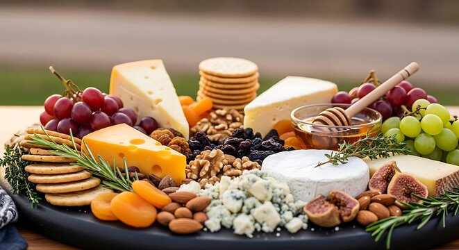 A lavish cheese board featuring an assortment of cheeses, fruits, nuts, and crackers beautifully arranged